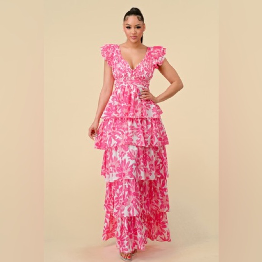Pink Tiered Floral Maxi Dress - Women